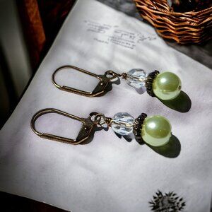 Green Pearl and Czech Crystal Earrings